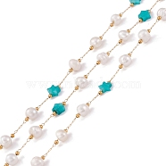Natural Amazonite Star and Pearl Beaded Chains, with Stainless Steel Findings, Long-Lasting Plated, Soldered, with Spool, Golden, Link: 2x0.5x0.1mm, Bead: 5.5~7x5.5~6mm, Star: 6x6~6.5x2.5~3mm(CHS-I018-01G-03)