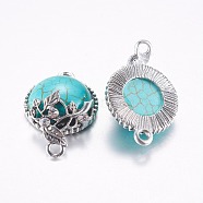 Tibetan Style Alloy Links connectors, with Synthetic Turquoise and Rhinestone, Half Round, Antique Silver, 28.5x18x8.5mm, Hole: 2mm(PALLOY-G215-01AS)