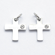316 Surgical Stainless Steel Tiny Cross Charms, with Cubic Zirconia, Long-Lasting Plated, Clear, Stainless Steel Color, 12x11x2mm, Hole: 3mm(STAS-K178-03P)