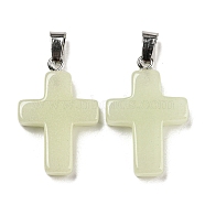 Synthetic Luminous Stone Dyed Pendants, Glow in the Dark Cross Charms with Platinum Plated Iron Snap on Bails, Lemon Chiffon, 28x18x4.5mm, Hole: 7x4mm(G-H308-06P-03)