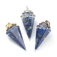 Resin Pointed Pendants, with Natural Lapis Lazuli Inside and Brass Findings, Faceted, Cone/Spike/Pendulum, 43.5x17x19.5mm, Jump Ring: 6x1mm, 4mm Inner Diameter(G-L571-01G)
