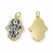 Brass Micro Pave Cubic Zirconia Pendants, Real 18K Gold Plated, with Enamel and Jump Ring, Hamsa Hand/Hand of Miriam with Evil Eye Charms, Clear, 19.5x14x2mm, Jump Ring: 5x0.8mm, Inner Diameter: 3.2mm(KK-E068-VF017)