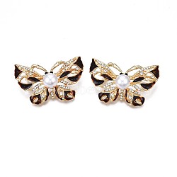 Butterfly Enamel Pin with Rhinestone, 3D Animal Alloy Brooch with Plastic Pearl for Backpack Clothes, Nickel Free & Lead Free, Light Golden, Coconut Brown, 29x46mm(JEWB-N007-092)
