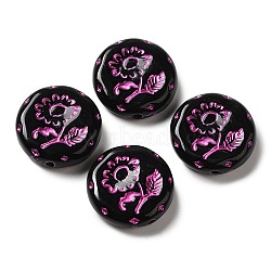 Opaque Acrylic Beads, Flat Round with Flower, Black, 18x5.5mm, Hole: 1.6mm, about: 399pcs/500g(OACR-Z005-40)