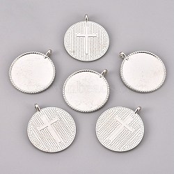 Alloy Pendant Cabochon Settings, Milled Edge Bezel Cups, Flat Round with Cross, Platinum, Tray: 27mm, 35x30x5.3mm, Hole: 2mm(PALLOY-M182-06-P)