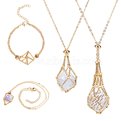 4Pcs 4 Styles Brass Braided Macrame Pouch Empty Stone Holder Bracelet Making & Necklaces Making Set for Women, Real 18K Gold Plated, 7-1/8 inch(18cm), 17-5/8~29-1/8 inch(45~74cm), 1pc/style(SJEW-DC00001)