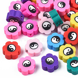 Handmade Polymer Clay Beads, Flower with Yin Yang, Mixed Color, 9.5~10.5x10x4.5mm, Hole: 1.5mm(CLAY-S096-046)