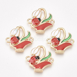 Alloy Links connectors, with Enamel, Flower with Ladybird, Golden, Red, 18x18x2mm, Hole: 1.8mm(X-PALLOY-S118-50)