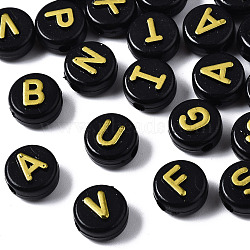 Opaque Black Acrylic Beads, Flat Round with Random Letters, Yellow, 9.5x6mm, Hole: 2mm, about 1550pcs/500g(MACR-Q242-009A)