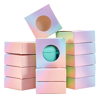 Rainbow Color Cardboard Paper Gift Boxes, Gift Storage Case with Plastic Round Visible Window, Square, Colorful, 7.6x7.6x3.1cm