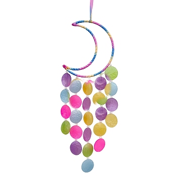 Flat Round Shell with Iron Wind Chimes, with Cotton Thread, Moon, Colorful, 680mm