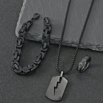 304 Stainless Steel Chain Bracelets & Rectangle Pendant Necklaces & Rings for Men, Black, 600mm & 200mm & 20mm