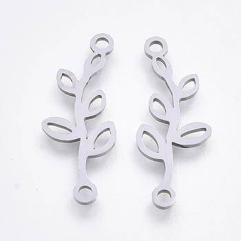 Tarnish Resistant 201 Stainless Steel Links connectors, Laser Cut Links, Branch with Leaf, Stainless Steel Color, 25x10x1mm, Hole: 1.5mm