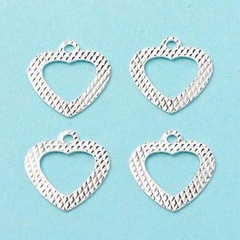 Brass Charms, Long-Lasting Plated, Cadmium Free & Lead Free, Hollow, Heart, 925 Sterling Silver Plated, 13x12x0.5mm, Hole: 1.5mm