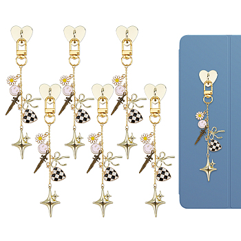 6Pcs Star Alloy Enamel Pendant Decorations, with Alloy Swivel Clasps and Iron Cell Phone Holder Stand, Golden, Mixed Color, 150mm