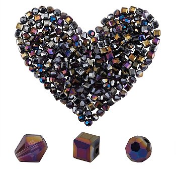 360Pcs 3 Style Electroplate Glass Beads Strands, AB Color Plated, Faceted, Round & Cube & Bicone, Black, 7.5~8x7.5~8x7.5~8mm, Hole: 1~1.5mm, 120pcs/style