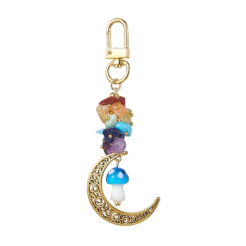 Alloy Hollow Moon & Lampwork Mushroom Pendant Decorations, Natural & Synthetic Mixed Stone Chip and Swivel Clasps Charm, Deep Sky Blue, 99mm