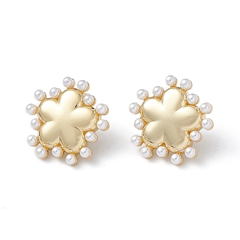 Long-Lasting Plated Brass Stud Earrings with Plastic Pearl for Women, Lead Free & Cadmium Free, Flower, Real 18K Gold Plated, 20.3x20.1x3.9mm, Pin: 0.9mm
