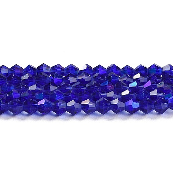 Transparent Electroplate Glass Beads Strands, AB Color Plated, Faceted, Bicone, Dark Blue, 3.5mm, about 108~123pcs/strand, 12.76~14.61 inch(32.4~37.1cm)