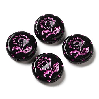 Opaque Acrylic Beads, Flat Round with Flower, Black, 18x5.5mm, Hole: 1.6mm, about: 399pcs/500g