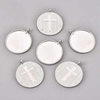 Alloy Pendant Cabochon Settings, Milled Edge Bezel Cups, Flat Round with Cross, Platinum, Tray: 27mm, 35x30x5.3mm, Hole: 2mm