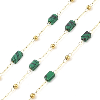 Ion Plating(IP) 304 Stainless Steel Link Chains, Synthetic Malachite Beads & Spool, Soldered, Real 18K Gold Plated, 6.5x2.5x2.5mm, about 32.81 Feet(10m)/Roll