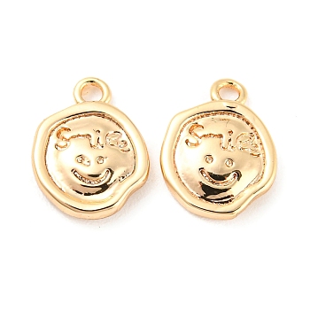 Rack Plating Brass Charms, Flat Round with Smile Charm, Real 18K Gold Plated, 10.5x8x2mm, Hole: 1.4mm