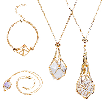 4Pcs 4 Styles Brass Braided Macrame Pouch Empty Stone Holder Bracelet Making & Necklaces Making Set for Women, Real 18K Gold Plated, 7-1/8 inch(18cm), 17-5/8~29-1/8 inch(45~74cm), 1pc/style