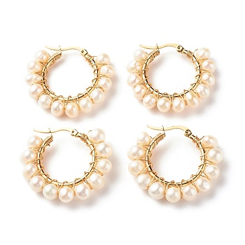 304 Stainless Steel Hoop Earrings, with Natural Pearls, Ring, White, Golden, 34.5x36x7mm, Pin: 0.7x1mm