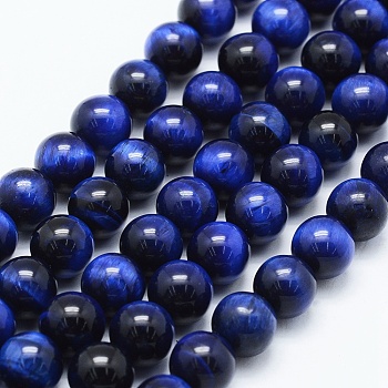 Natural Tiger Eye Beads Strands, Dyed & Heated, Round, Marine Blue, 10mm, Hole: 1mm, about 38pcs/strand, 15 inch(38cm)