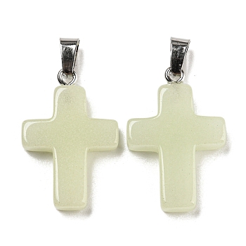 Synthetic Luminous Stone Dyed Pendants, Glow in the Dark Cross Charms with Platinum Plated Iron Snap on Bails, Lemon Chiffon, 28x18x4.5mm, Hole: 7x4mm