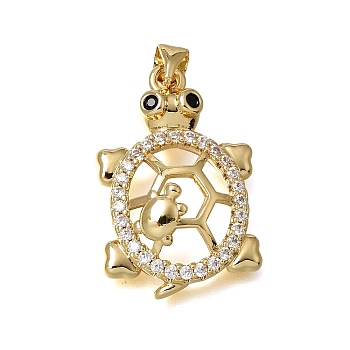 Brass Micro Pave Black Cubic Zirconia Pendants, Tortoise Charms, Rack Plating, Long-Lasting Plated, Cadmium Free & Lead Free, Golden, 26x18x6mm, Hole: 3.5x5mm