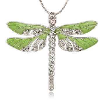 Alloy Enamel Dragonfly Big Pendants, with Crystal Rhinestone, Platinum, Green Yellow, 57x64x5mm, Hole: 2mm