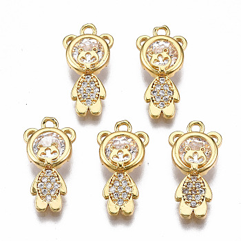 Brass Micro Pave Clear Cubic Zirconia Pendants, Nickel Free, Bear, Real 18K Gold Plated, 17x9x4mm, Hole: 1mm