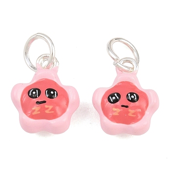 Alloy with Hot Pink Enamel Charms, Face Flower Charms, Long-Lasting Plated, Rack Plating, Silver, 14x11.5x6mm, Hole: 5.5mm