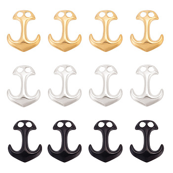 12Pcs 3 Colors 304 Stainless Steel Hook Clasps, For Leather Cord Bracelets Making, Anchor, Mixed Color, 31x24x6mm, Hole: 5x5mm, 4pcs/color