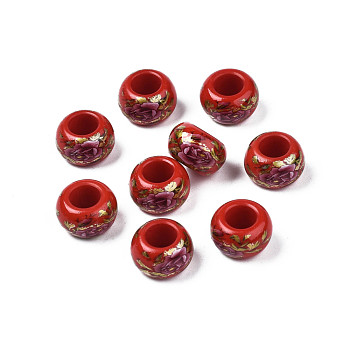 Flower Printed Opaque Acrylic Rondelle Beads, Large Hole Beads, FireBrick, 15x9mm, Hole: 7mm