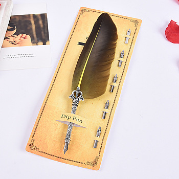 Turkey Feather Dipped Pen, with Alloy Pen Tip & Replacement Tips, for Teacher's Day, Dark Goldenrod, 285mm