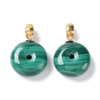 Natural Malachite Pendants, Donut Charms, with Golden Plated 925 Sterling Snap on Bails, 15.5x12x5mm, Hole: 3x2mm