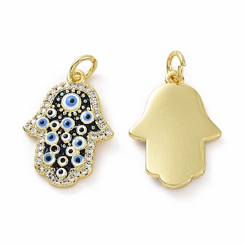 Brass Micro Pave Cubic Zirconia Pendants, Real 18K Gold Plated, with Enamel and Jump Ring, Hamsa Hand/Hand of Miriam with Evil Eye Charms, Clear, 19.5x14x2mm, Jump Ring: 5x0.8mm, Inner Diameter: 3.2mm