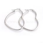 Tarnish Resistant 201 Stainless Steel Hoop Earrings, with 304 Stainless Steel Pin, Heart, Stainless Steel Color, 34~37x41~43mm, 12 Gauge, Pin: 1mm(X-EJEW-A052-09B)