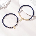 2Pcs Natural Lapis Lazuli Beads Stretch Bracelets, 304 Stainless Steel Cross Charms Bracelets for Women, Cross & Virgin Mary, Inner Diameter: 2.17~2.28 inch(5.5~5.8cm)(BJEW-JB13415-02)