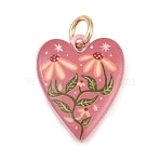 Painted Brass Pendants, Heart with Flower Charms, Golden, Pink, 19.5x16x4mm, Hole: 4mm(KK-CBAA339-02B)