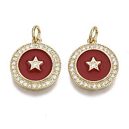 Brass Micro Pave Cubic Zirconia Pendants, with Enamel and Jump Ring, Nickel Free, Flat Round with Star, Real 16K Gold Plated, Dark Red, 16x14x2mm, Hole: 3mm, Jump Ring: 5x1mm, 3mm inner diameter(ZIRC-N039-060A-NF)