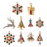 10Pcs 10 Style Rack Plating Alloy Pendants, with ABS Plastic Imitation Pearl and Rhinestone, Christmas Tree & Gift Box & Snowflake & Bell & Deer, Mixed Color, 17~26x10~19.5x2~5.5mm, hole: 1.5~3mm, 1Pc/style(FIND-YW0003-85)