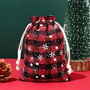 Christmas Themed Burlap Drawstring Bags, Rectangle Tartan Pouches for Christmas Party Supplies, Red, 14x10cm(XMAS-PW0001-236D)