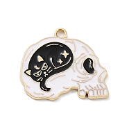 Halloween Alloy Enamel Pendants, Golden, Cat Shape, Skull, 22x25x1mm, Hole: 2mm(PALLOY-P301-01A-G)