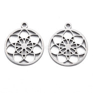 304 Stainless Steel Pendants, Laser Cut, Ring with Flower, Stainless Steel Color, 19x16x1mm, Hole: 1.6mm(STAS-N095-044)