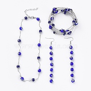 Evil Eye Lampwork Jewelry Sets, Wrap Bracelets & Dangle Earrings & Necklaces, with Faceted Glass, Non-Magnetic Synthetic Hematite, Brass Tube Beads and 304 Stainless Steel Findings, Blue, 2-1/8 inch(5.5cm), 14.7 inch(37.5cm), 110mm, Pin: 0.8mm(SJEW-JS01041-01)