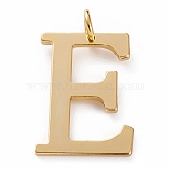 Golden Brass Pendants, Long-Lasting Plated, Letter, Letter.E, 27x15~18x1.5mm, Hole: 3.5mm(KK-P194-01G-E)